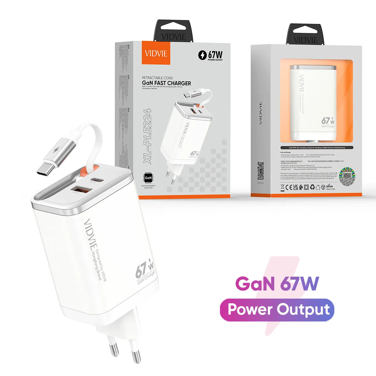 VIDVIE 67w GaN Fast Charger Retractable USB-C Cable