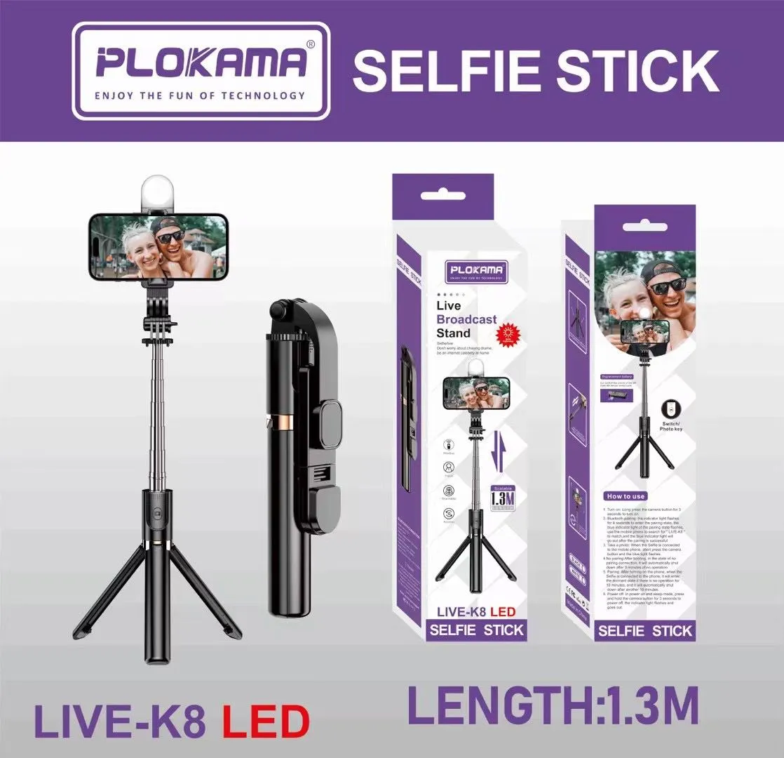 Plokama LIVE-K8 LED Multifunctional Selfie Stick -1.3m