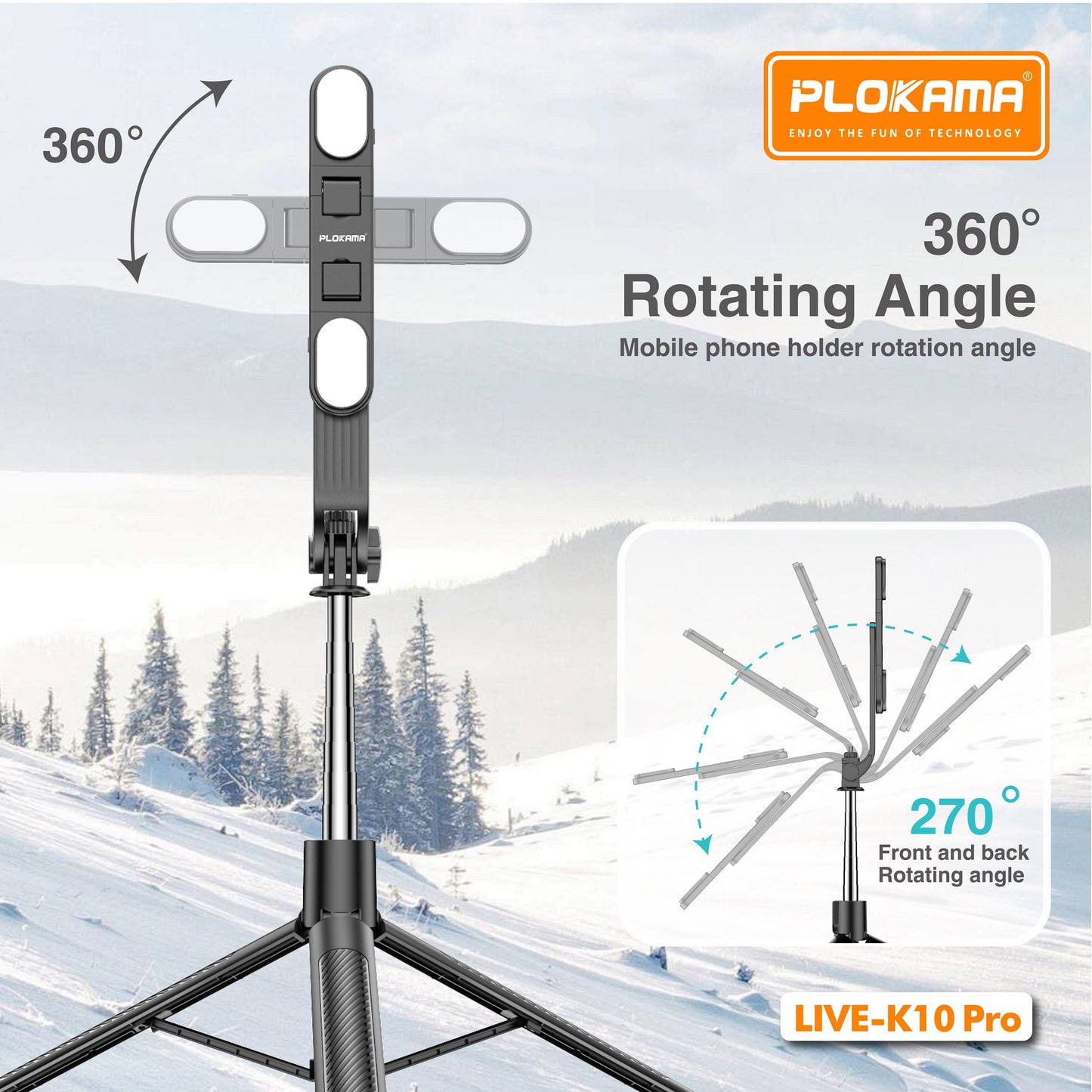 Plokama K10 Pro Long Tripod LED Light, Selfie Stick