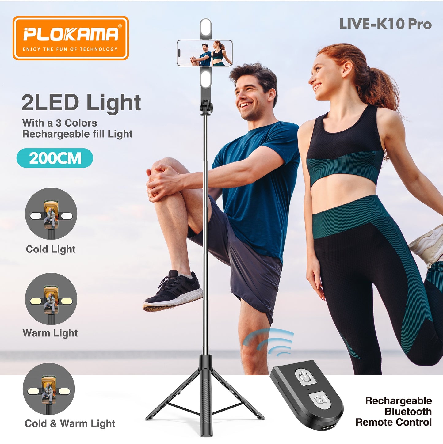 Plokama K10 Pro Long Tripod LED Light, Selfie Stick