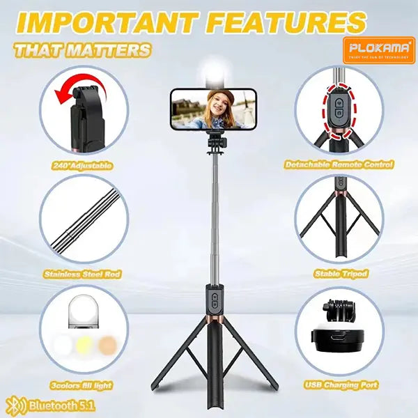 Plokama LIVE-K9 LED Selfie Stick - 1.7m