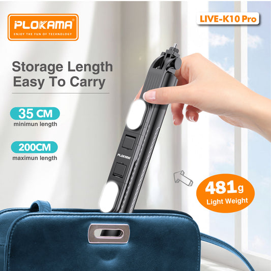 Plokama K10 Pro Long Tripod LED Light, Selfie Stick