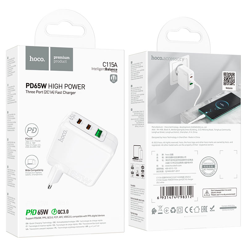 Hoco C115A Wall charger PD65W + QC3.0