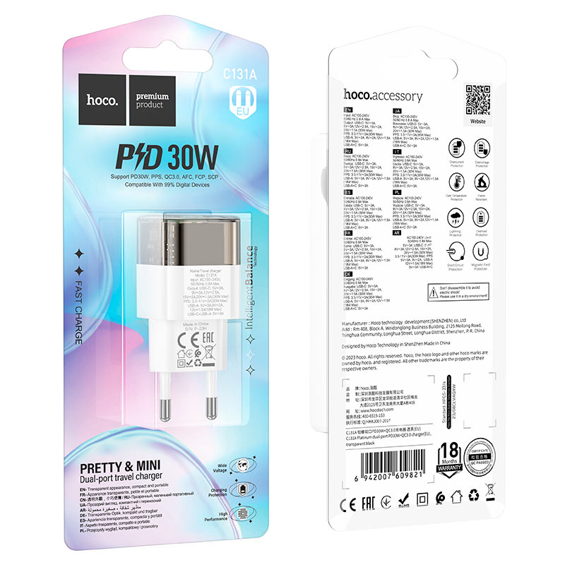 HOCO-C131A-Fast Charger 30Watt With Dual Port USB+ Type C