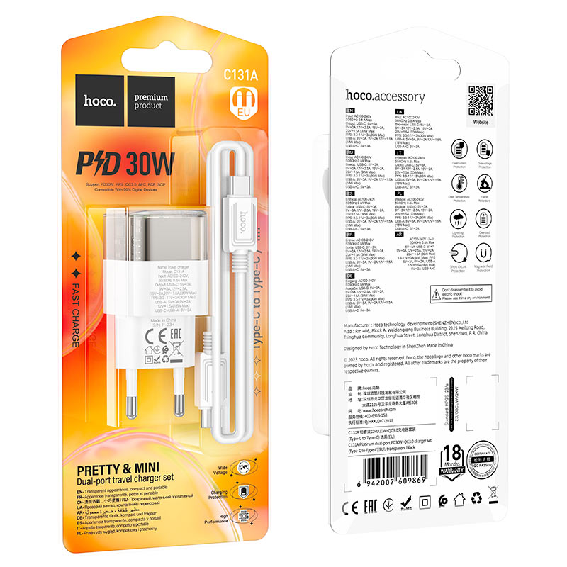 HOCO-C131A-Fast Charger 30Watt With Dual Port USB+ Type C