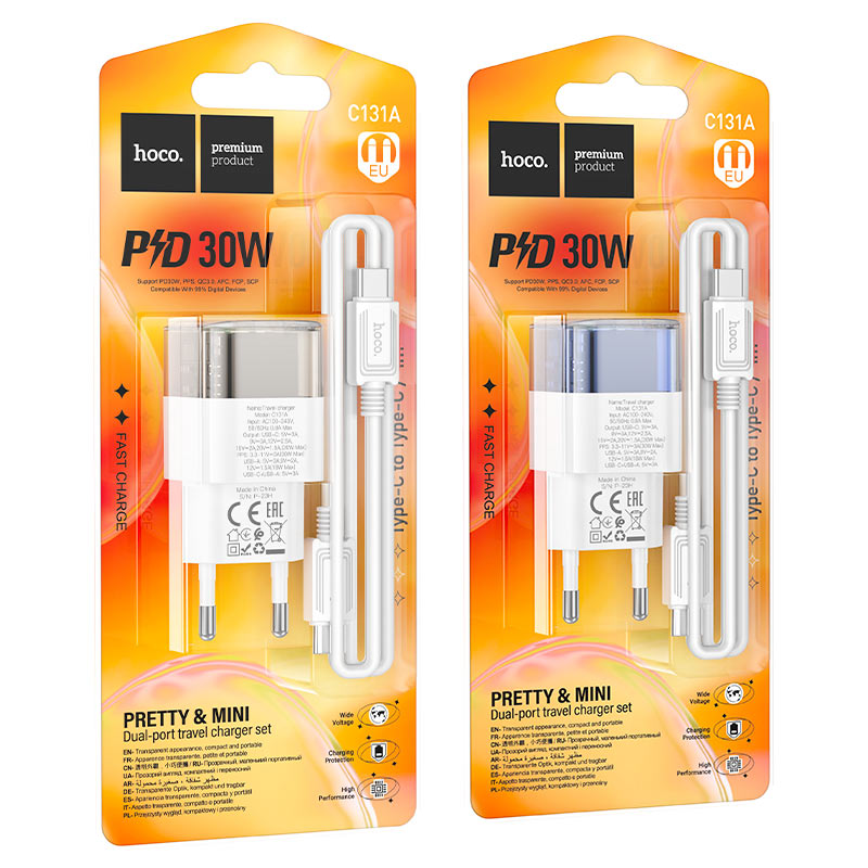 HOCO-C131A-Fast Charger 30Watt With Dual Port USB+ Type C