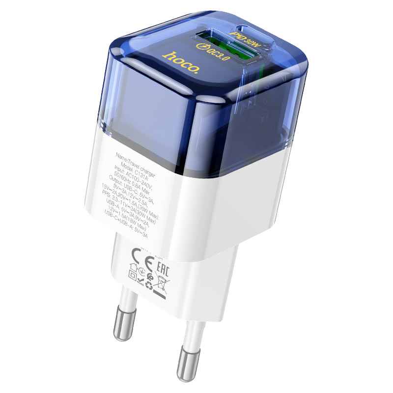 HOCO-C131A-Fast Charger 30Watt With Dual Port USB+ Type C