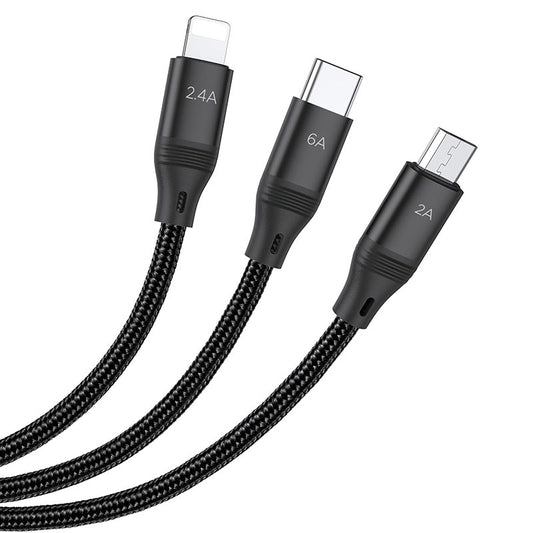 Hoco U104 Ultra Cable 3-in-1 6A charging & data sync cable (2 pack)