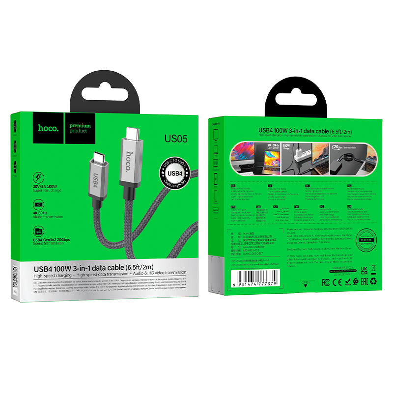 Hoco US05 Type-C to Type-C 100W charging data cable, 4K @ 60Hz HD screen mirroring