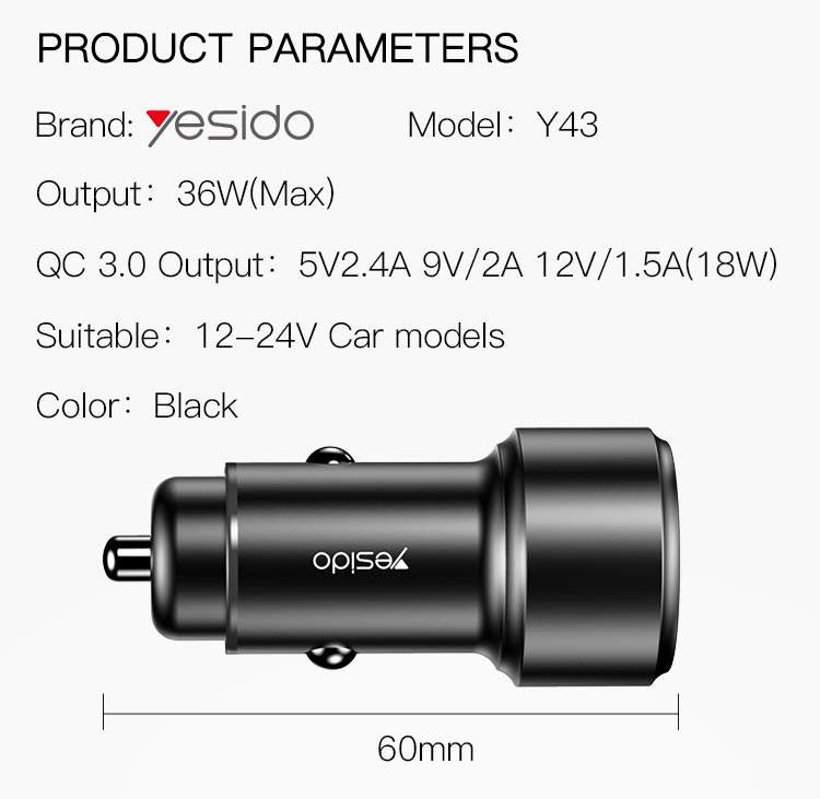 YESIDO Y43 36W Fast Car Charger
