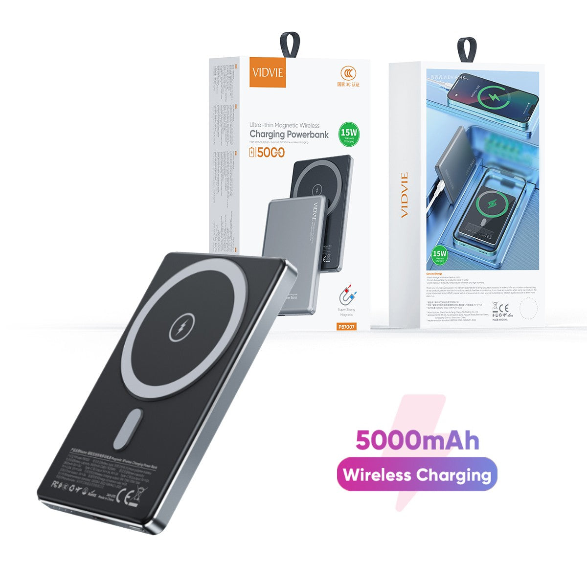VIDVIE 5000mAh Ultra-thin Magnetic Wireless Charging Power Bank