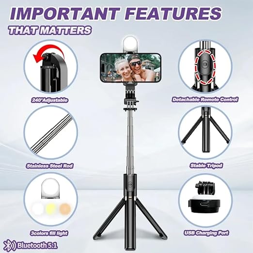 Plokama LIVE-K8 LED Multifunctional Selfie Stick -1.3m