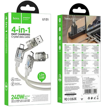 hoco U151 240W 4 in 1 USB and Type-C to Type-C and 8 Pin Charging Cable- 1.2m