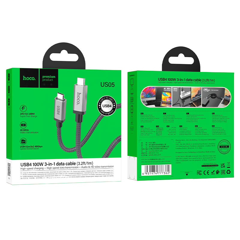 Hoco US05 Type-C to Type-C 100W charging data cable, 4K @ 60Hz HD screen mirroring