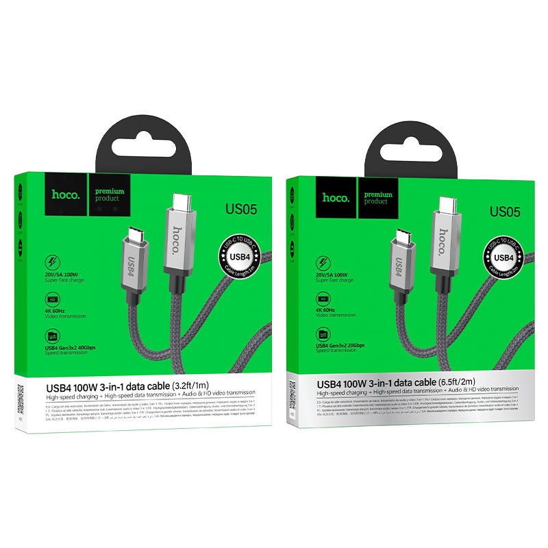 Hoco US05 Type-C to Type-C 100W charging data cable, 4K @ 60Hz HD screen mirroring