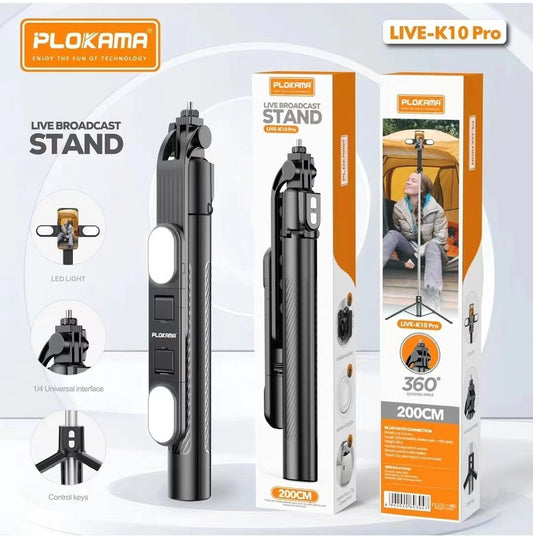 Plokama K10 Pro Long Tripod LED Light, Selfie Stick